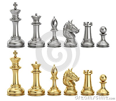 Gold and silver chess figures in row, 3D rendering Stock Photo