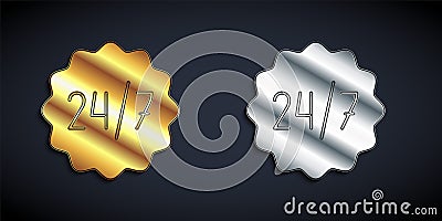 Gold and silver Clock 24 hours icon isolated on black background. All day cyclic icon. 24 hours service symbol. Long Vector Illustration