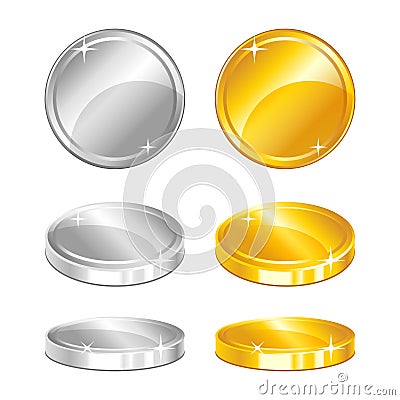 Gold and silver coins in different positions on white background Vector Illustration