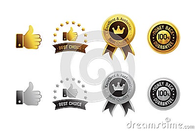 Gold and silver thumb up good best choice best quality money back guarantee award badge label emblem design in vector Stock Photo