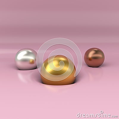 Gold, silver and copper balls dented pink surface Stock Photo