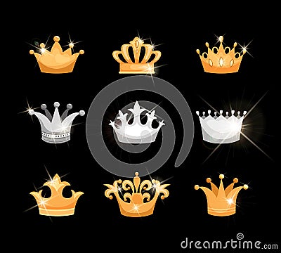 Gold and silver crowns icons set Vector Illustration