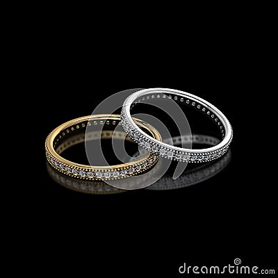 Gold and Silver with diamond wedding rings on black background-3D image Stock Photo