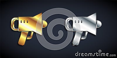 Gold and silver Megaphone icon isolated on black background. Speaker sign. Long shadow style. Vector Vector Illustration