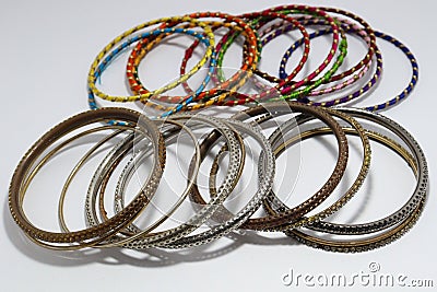 Gold,silver new design bangles jewellery on white blur background. Stock Photo