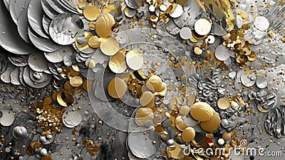 gold, silver and nickel circles on a background, multi-layered mettalic collage - generative AI abstract background Stock Photo