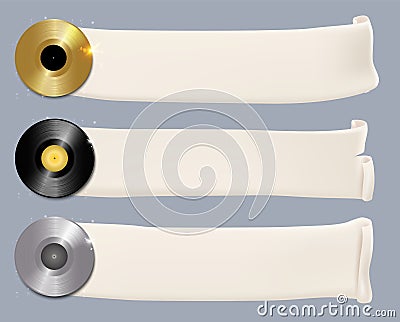 Gold, silver, platinum album prize music disk reward with banner Vector Illustration