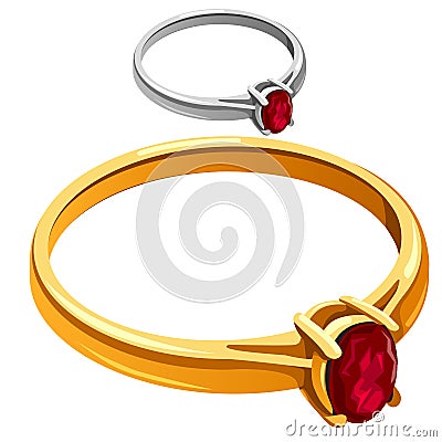 Gold and silver ring with red ruby, vector jewelry Vector Illustration