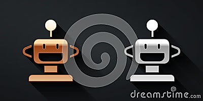Gold and silver Robot toy icon isolated on black background. Long shadow style. Vector Vector Illustration