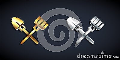 Gold and silver Shovel and rake icon isolated on black background. Tool for horticulture, agriculture, gardening Vector Illustration