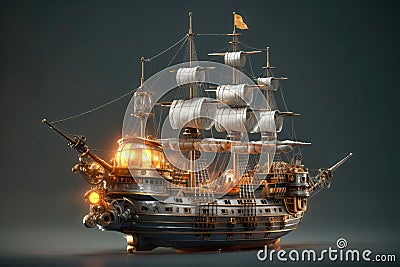 Gold Silver Steampunk Style Ship Smoky Grey. Generative AI Stock Photo