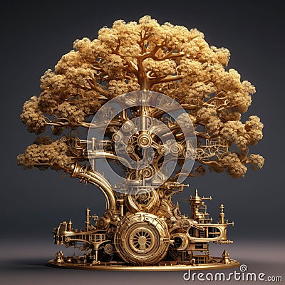 Gold Silver Steampunk Tree Large Details. Generative AI Stock Photo