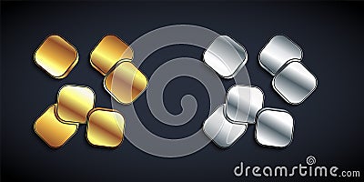 Gold and silver Sugar cubes icon isolated on black background. Sweet, nutritious, tasty. Refined sugar. Long shadow Vector Illustration