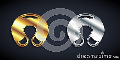 Gold and silver Travel neck pillow icon isolated on black background. Pillow U-shaped. Long shadow style. Vector Stock Photo