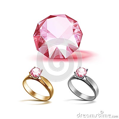 Gold and Siver Engagement Rings with Pink Shiny Clear Diamond Vector Illustration