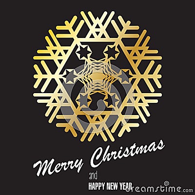 Gold snowflake on black background. Postcard, congratulating. Vector Illustration