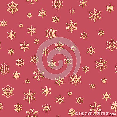 Gold snowflakes seamless pattern on a red background. EPS 10 Vector Illustration