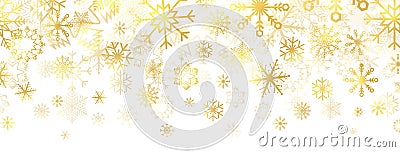 Gold snowflakes on white background. Golden snowflakes border with different ornaments. Luxury Christmas banner. Winter Vector Illustration