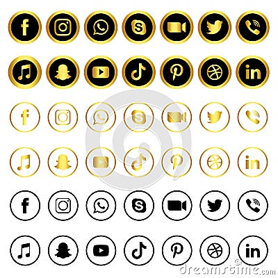 Gold & black social media icons set Vector Illustration