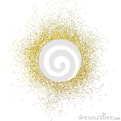 Gold sparkles on white background. White circle shape for text and design Stock Photo