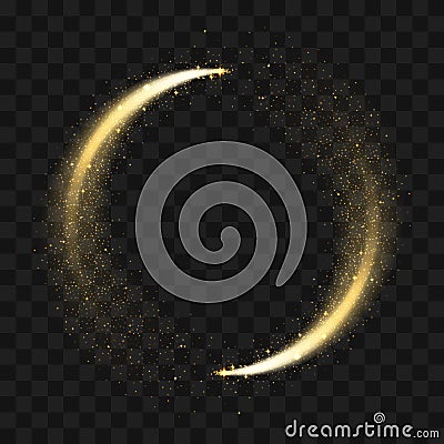 Gold sparkling glitter circle. Vector circle golden glittering particles with star light trail and shine glow Vector Illustration