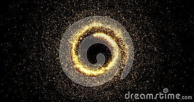 Gold sparkling light circle with shimmering particles, Christmas and New Year background design. Abstract golden glittery confetti Stock Photo