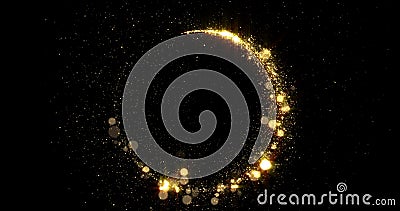 Gold sparkling light circle with shimmering particles with glare flare effect. Christmas and New Year background, abstract golden Stock Photo