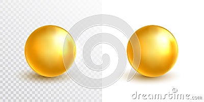 Gold sphere. 3d golden oil bubble. Bright glossy ball. Luxury cosmetic design element. Vitamin capsule or collagen Vector Illustration