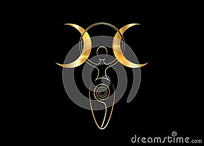 Gold spiral goddess of fertility and triple moon Wiccan. The spiral cycle of life, death and rebirth. Golden Woman Wicca mother Vector Illustration