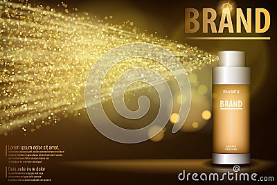 Gold spray bottle on black background for your design. Realistic cosmetic premium ads, facial treatment essence Vector Illustration