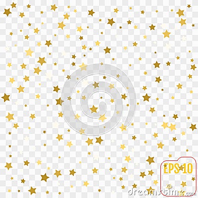 Gold star confetti rain festive holiday background. Vector golden paper foil stars falling down isolated on transparent Vector Illustration