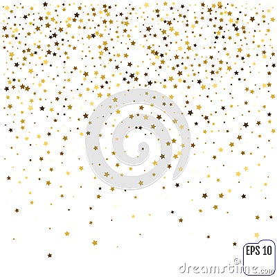 Gold star confetti rain festive holiday background. Vector golden paper foil stars falling down isolated on transparent Vector Illustration