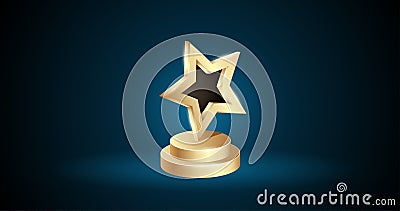 Gold star with golden podium glowing on dark background. 3d realistic gold statue prize winner award giving ceremony in film Vector Illustration