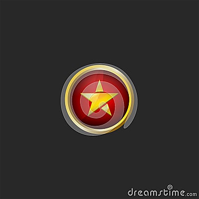 Gold star logo in a golden frame on a red background, round 3d icon in the colors of the flag of Vietnam Vector Illustration