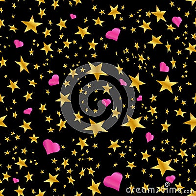 Gold Star Pink Hearts Pattern Vector Illustration