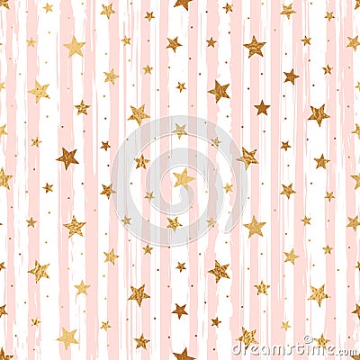 Gold star seamless pattern. Repeated scatter golden stars pattern. Random golded star with pink stripe. Glitter patern printed. Sp Vector Illustration