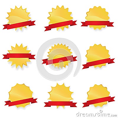 Gold Starbursts with Curled Red Ribbon Set Vector Illustration Vector Illustration