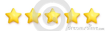 5 gold stars for product review vector illustration. 3d five yellow or golden ranking symbols in row for feedback, satisfaction Vector Illustration