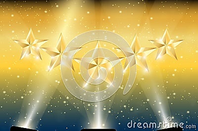 Gold 5 Stars in Spotlights Vector Illustration