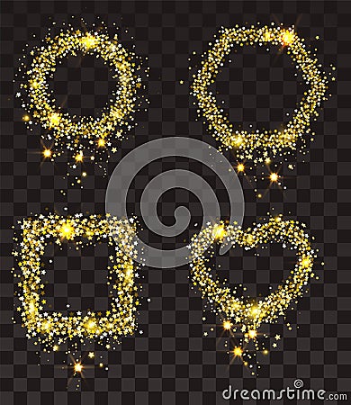 Gold stars on transparent background. Set of frame of gold stars rectangle, heart shape, circle, hexagon Vector Illustration