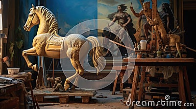 Gold statue of a horse in a painting studio Stock Photo