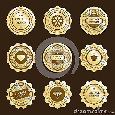 Gold stickers with vintage design vector labels set Vector Illustration