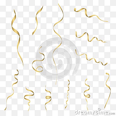 Gold streamers set. Golden curly confetti ribbon. Festive holiday decoration. Vector. Vector Illustration