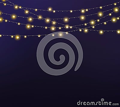 Gold string Christmas lights in black and blue background for decoration and Abstract Holiday Background Stock Photo