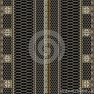 Gold striped 3d greek key meander borders seamless pattern. Grid lattice ornamental background. Lace textured ornament. Decorative Vector Illustration