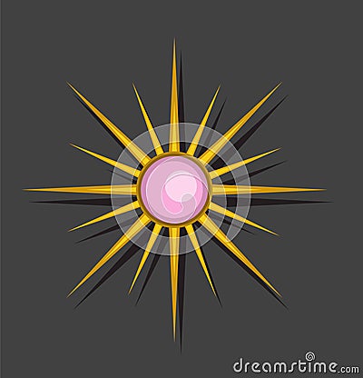 Gold sun pin with pearl accesories jewellery, star symbol logo icon illustration vector isolated in black background Vector Illustration