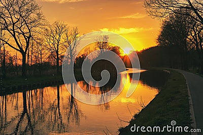 Gold sunset over river with sun rays, tree silhouettes and reflection on water Stock Photo