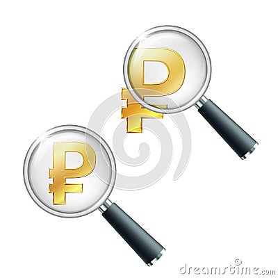 Gold symbol of russian ruble with magnifying glass Vector Illustration