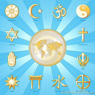 World of Faith, International Religions, Aqua Blue Ray Background Vector Illustration