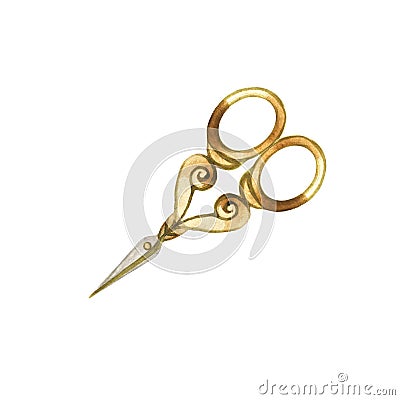 Gold tailor scissors. Watercolor illustration isolated on white background. Cartoon Illustration